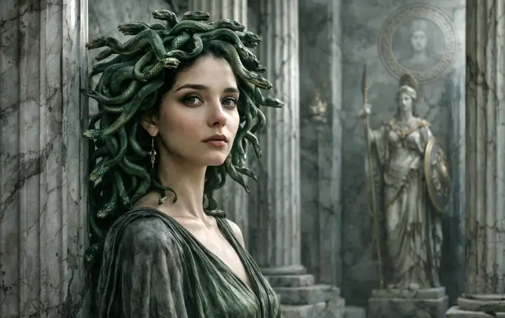 mitolojide Medusa’nın Athena tarafından lanetlenmesi ve yılan saçlı dönüşüm portresi